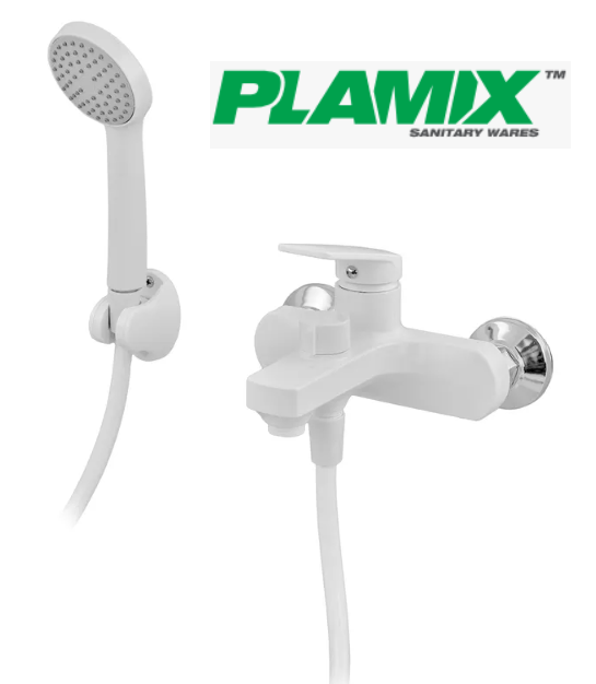 Пластиковый смеситель для ванны Plamix с душем белого цвета из термопластического пластика короткий белый для ванной комнаты (0708) - Фото 2 Пластиковый смеситель для ванны Plamix с душем белого цвета из термопластического пластика короткий белый для ванной комнаты (0708) - изображение 2