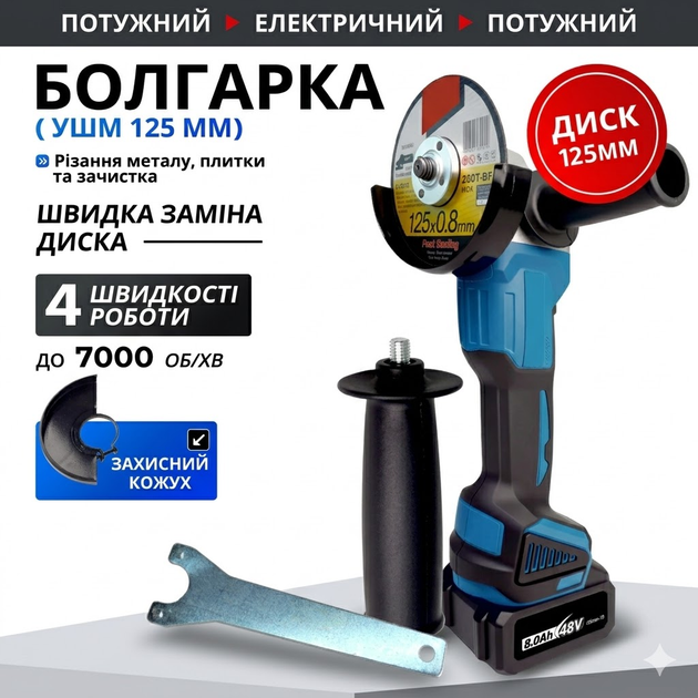 Набір акумуляторного інструменту болгарка 125 мм і гайковерт 280 Nm 48V 6.0 Ah з двома акумуляторами в кейсі синій - зображення 3