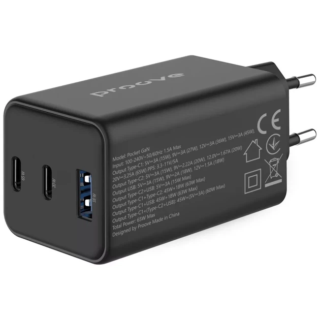 Зарядное для ноутбуков и телефонов Proove Pocket GaN 65W (2Type-C+USB) - изображение 3