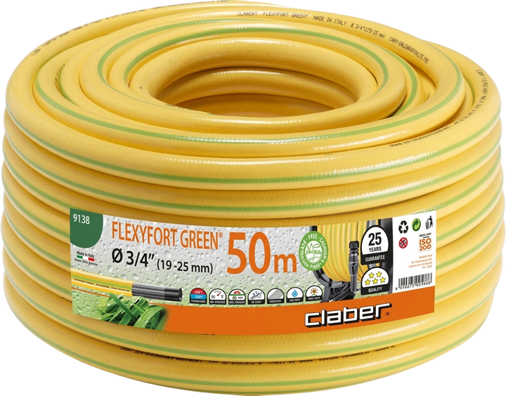 Шланг поливочный Claber Flexyfort Green 3/4" 50 м Желтый (91380000) - Фото 1 Шланг поливочный Claber Flexyfort Green 3/4" 50 м Желтый (91380000) - изображение 1