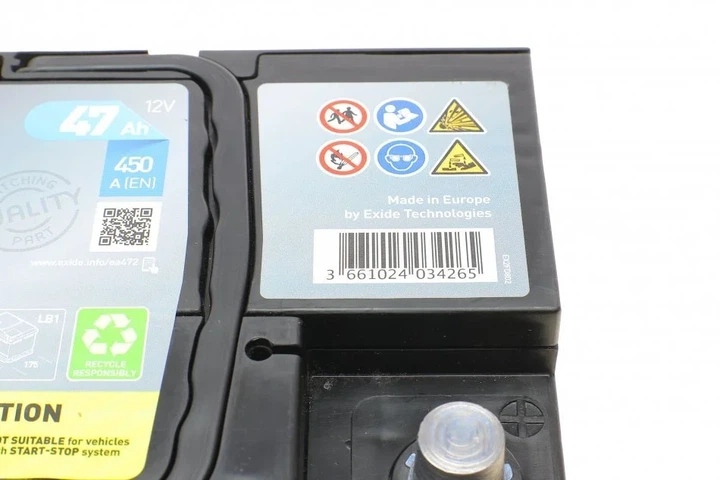 Акумулятор EXIDE EA472 Opel Omega, Kadett, Astra, CORSA, Vectra; Volkswagen Scirocco, Polo; Ford Focus, Fiesta, KA; Suzuki SX4; Porsche 911; Nissan Kubistar; Renault Twingo; Toyota Yaris 000915105DA, JD9310655AB, KE24147D01NY - изображение 5