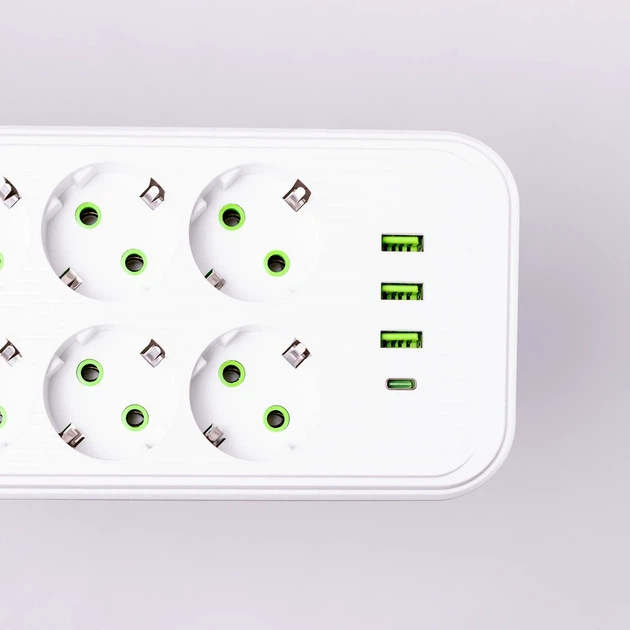 Мережевий фільтр подовжувач 8 розеток 2500 Вт 3 USB 1 Type-C 2.8 м білий F20U - Фото 5 Мережевий фільтр подовжувач 8 розеток 2500 Вт 3 USB 1 Type-C 2.8 м білий F20U - зображення 5