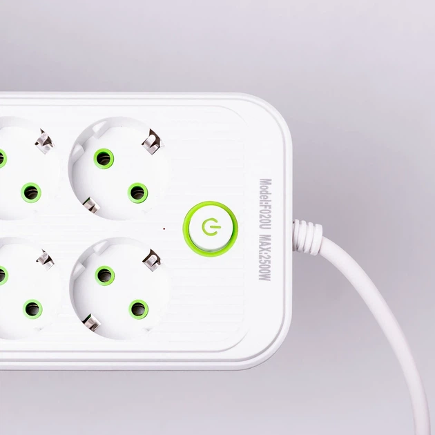 Мережевий фільтр подовжувач 8 розеток 2500 Вт 3 USB 1 Type-C 2.8 м білий F20U - Фото 6 Мережевий фільтр подовжувач 8 розеток 2500 Вт 3 USB 1 Type-C 2.8 м білий F20U - зображення 6
