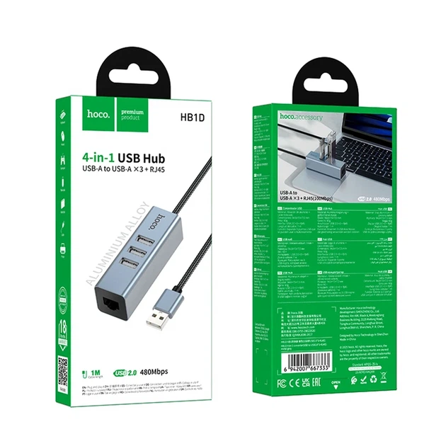 USB-хаб Hoco HB1D 4 в 1 сірий три USB 2.0 RJ45 для ноутбука та комп'ютера алюмінієвий сплав довжина кабелю 1 м - Фото 2 USB-хаб Hoco HB1D 4 в 1 сірий три USB 2.0 RJ45 для ноутбука та комп'ютера алюмінієвий сплав довжина кабелю 1 м - зображення 2
