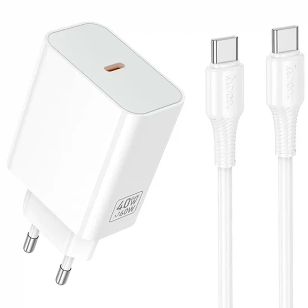 Зарядний пристрій Hoco C162A 40Вт USB Type-C білий з кабелем Type-C на Type-C для швидкого заряджання - Фото 3 Зарядний пристрій Hoco C162A 40Вт USB Type-C білий з кабелем Type-C на Type-C для швидкого заряджання - зображення 3