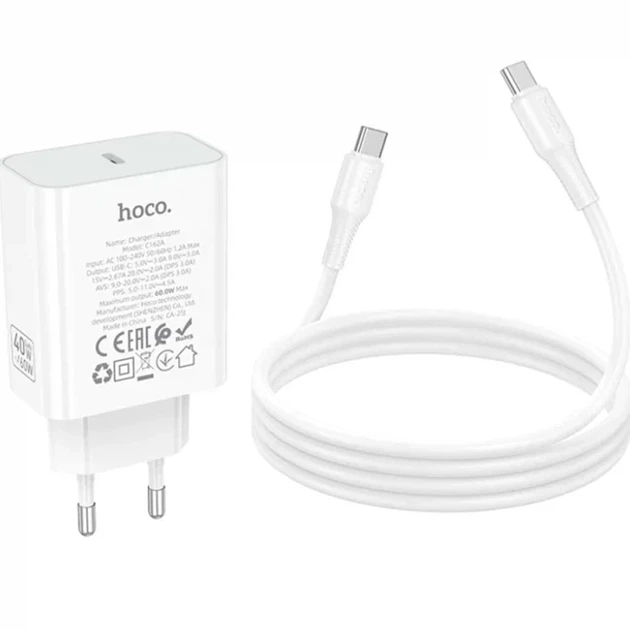Зарядний пристрій Hoco C162A 40Вт USB Type-C білий з кабелем Type-C на Type-C для швидкого заряджання - Фото 4 Зарядний пристрій Hoco C162A 40Вт USB Type-C білий з кабелем Type-C на Type-C для швидкого заряджання - зображення 4