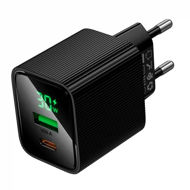 Зарядний пристрій Hoco CS84A 30Вт USB-C USB-A чорний з цифровим дисплеєм для смартфонів і планшетів - Фото 5 Зарядний пристрій Hoco CS84A 30Вт USB-C USB-A чорний з цифровим дисплеєм для смартфонів і планшетів - зображення 5