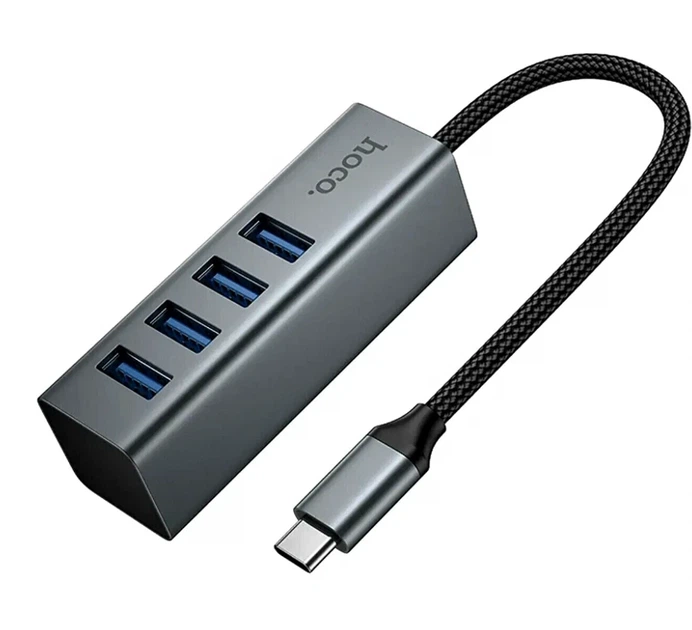 USB-хаб Hoco HB1C 4 в 1 Type-C на 4 порти USB 3.0 сірий алюмінієвий сплав швидкість до 5 Гбіт/с - Фото 1 USB-хаб Hoco HB1C 4 в 1 Type-C на 4 порти USB 3.0 сірий алюмінієвий сплав швидкість до 5 Гбіт/с - зображення 1
