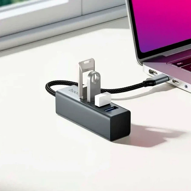 USB-хаб Hoco HB1C 4 в 1 Type-C на 4 порти USB 3.0 сірий алюмінієвий сплав швидкість до 5 Гбіт/с - Фото 4 USB-хаб Hoco HB1C 4 в 1 Type-C на 4 порти USB 3.0 сірий алюмінієвий сплав швидкість до 5 Гбіт/с - зображення 4