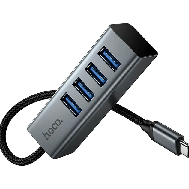 USB-хаб Hoco HB1C 4 в 1 Type-C на 4 порти USB 3.0 сірий алюмінієвий сплав швидкість до 5 Гбіт/с - Фото 5 USB-хаб Hoco HB1C 4 в 1 Type-C на 4 порти USB 3.0 сірий алюмінієвий сплав швидкість до 5 Гбіт/с - зображення 5
