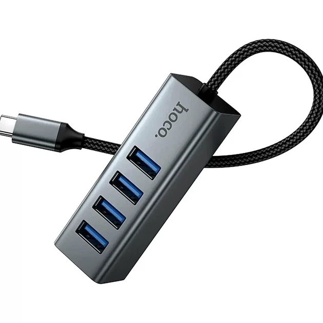 USB-хаб Hoco HB1C 4 в 1 Type-C на 4 порти USB 3.0 сірий алюмінієвий сплав швидкість до 5 Гбіт/с - Фото 8 USB-хаб Hoco HB1C 4 в 1 Type-C на 4 порти USB 3.0 сірий алюмінієвий сплав швидкість до 5 Гбіт/с - зображення 8