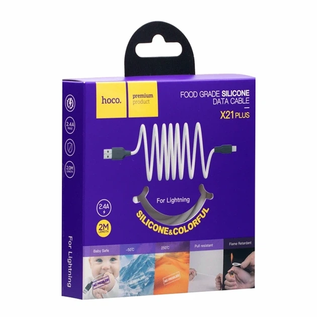 Кабель USB Lightning 2м 3А силиконовый черно-белый для iPhone iPad Hoco X21 Plus - Фото 2 Кабель USB Lightning 2м 3А силиконовый черно-белый для iPhone iPad Hoco X21 Plus - изображение 2