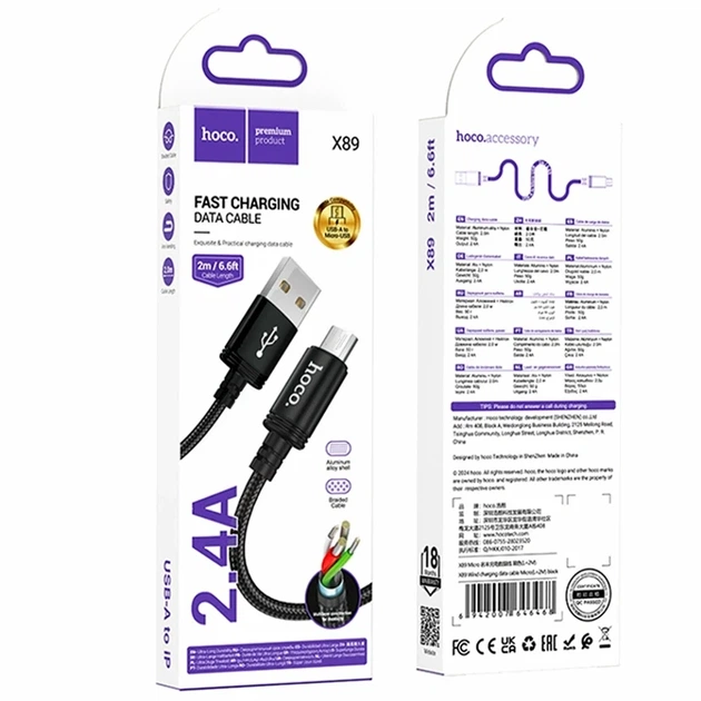 Кабель USB Hoco X89 Micro 2.4A 2м черный для зарядки и передачи данных из нейлона и алюминиевого сплава - Фото 2 Кабель USB Hoco X89 Micro 2.4A 2м черный для зарядки и передачи данных из нейлона и алюминиевого сплава - изображение 2