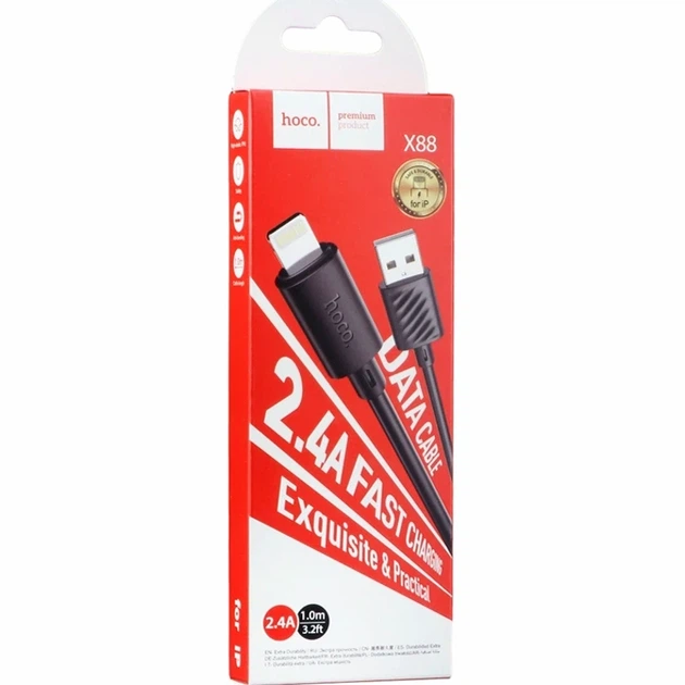 Кабель USB Lightning 2.4A 1м чорний для заряджання та синхронізації Hoco X88 Gratified - Фото 2 Кабель USB Lightning 2.4A 1м чорний для заряджання та синхронізації Hoco X88 Gratified - зображення 2