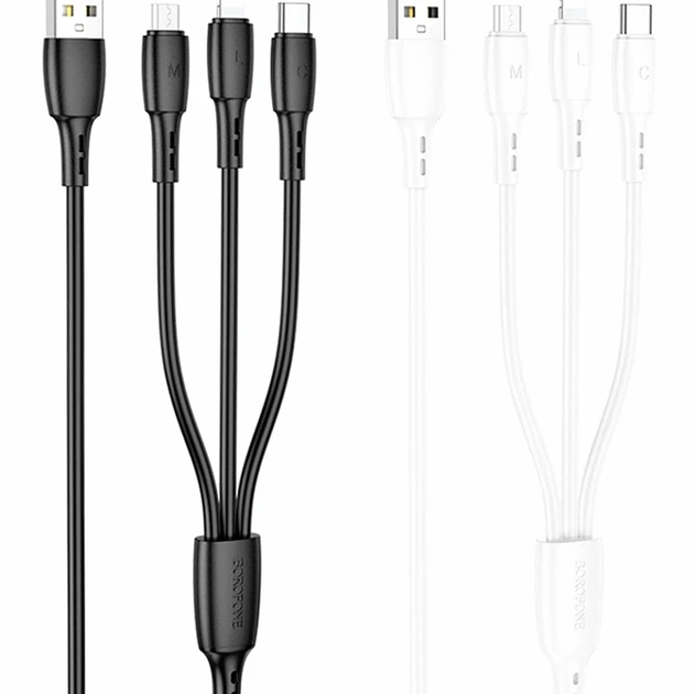 Кабель USB Borofone BX71 3 в 1 2А 0.8м Micro USB Type-C Lightning чорний - Фото 2 Кабель USB Borofone BX71 3 в 1 2А 0.8м Micro USB Type-C Lightning чорний - зображення 2