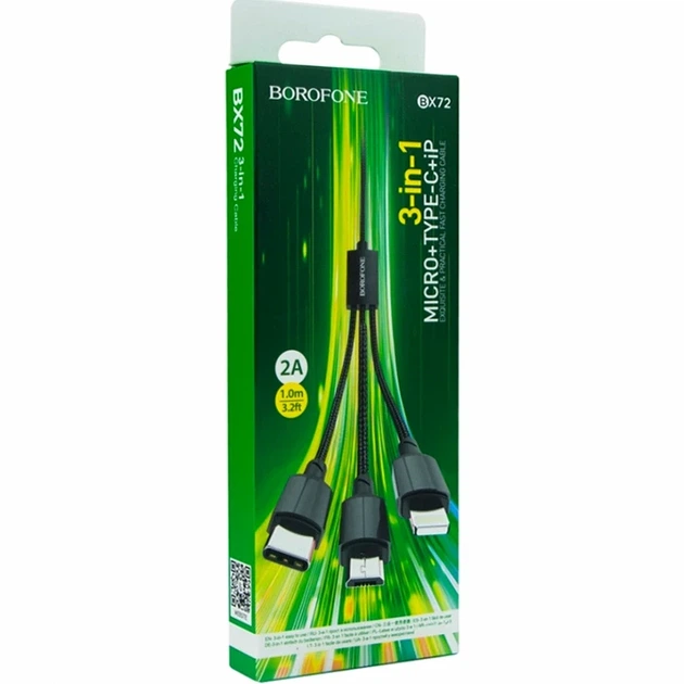 Кабель USB 3 1 80 см 2А Micro USB Lightning Type-C чорний Borofone BX72 - Фото 2 Кабель USB 3 1 80 см 2А Micro USB Lightning Type-C чорний Borofone BX72 - зображення 2
