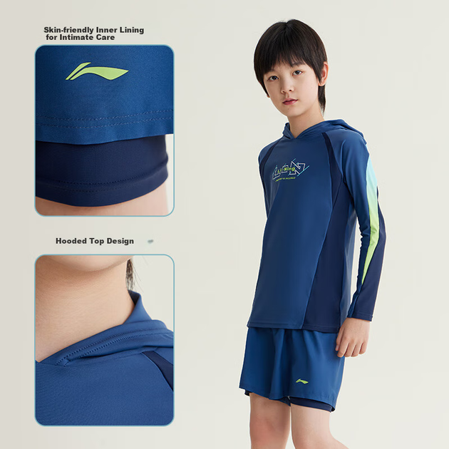 Купальный костюм для мальчика Li Ning 8031 раздельный с рукавами с УФ-защитой, синий, размер 160 - Фото 5 Купальный костюм для мальчика Li Ning 8031 раздельный с рукавами с УФ-защитой, синий, размер 160 - изображение 5