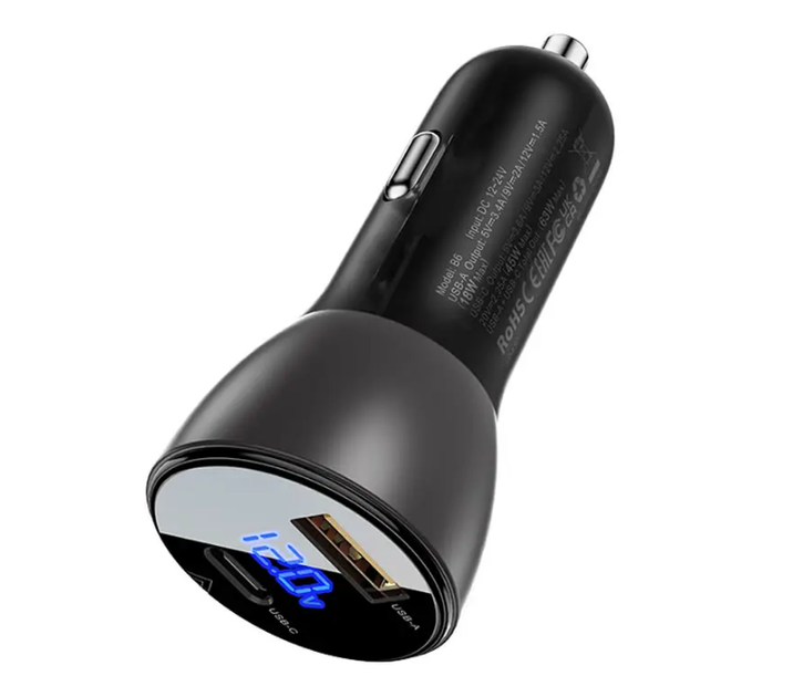 Автомобильное зарядное устройство для ACEFAST B6 63W металлический корпус USB-A USB-C с цифровым дисплеем, Черный (B6) - Фото 2 Автомобильное зарядное устройство для ACEFAST B6 63W металлический корпус USB-A USB-C с цифровым дисплеем, Черный (B6) - изображение 2