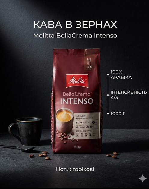 Кава зернова Melitta BellaCrema Intenso середнє обсмажування 1 кг арабіка - Фото 2 Кава зернова Melitta BellaCrema Intenso середнє обсмажування 1 кг арабіка - зображення 2