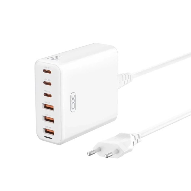 Мережевий зарядний пристрій XO L133 75W GaN, 6 портів (3×USB-C + 3×USB-A), Power Delivery + QC, швидка зарядка, адаптер живлення, білий - Фото 1 Мережевий зарядний пристрій XO L133 75W GaN, 6 портів (3×USB-C + 3×USB-A), Power Delivery + QC, швидка зарядка, адаптер живлення, білий - зображення 1