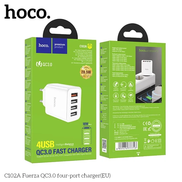 Сетевое зарядное устройство Hoco C102A 28.5W, 4×USB, QC3.0, быстрая зарядка, адаптер питания для смартфонов и гаджетов, белый - изображение 2