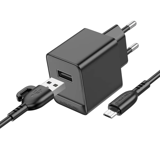 Мережевий зарядний пристрій Borofone BAS11A 10.5W з кабелем Micro-USB 1 м, USB-A, адаптер живлення для смартфонів, чорний - зображення 2