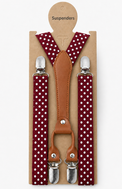 Подтяжки с бабочкой — комплект подтяжки и галстук-бабочка бардовые в белый горошек, 4 металлических зажима KT7003245 - Фото 2 Подтяжки с бабочкой — комплект подтяжки и галстук-бабочка бардовые в белый горошек, 4 металлических зажима KT7003245 - изображение 2