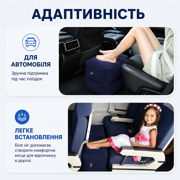 Портативна надувна подушка для подорожей, підставка для ніг, 3 рівні висоти, для літака, автобусу, синій колір - зображення 7