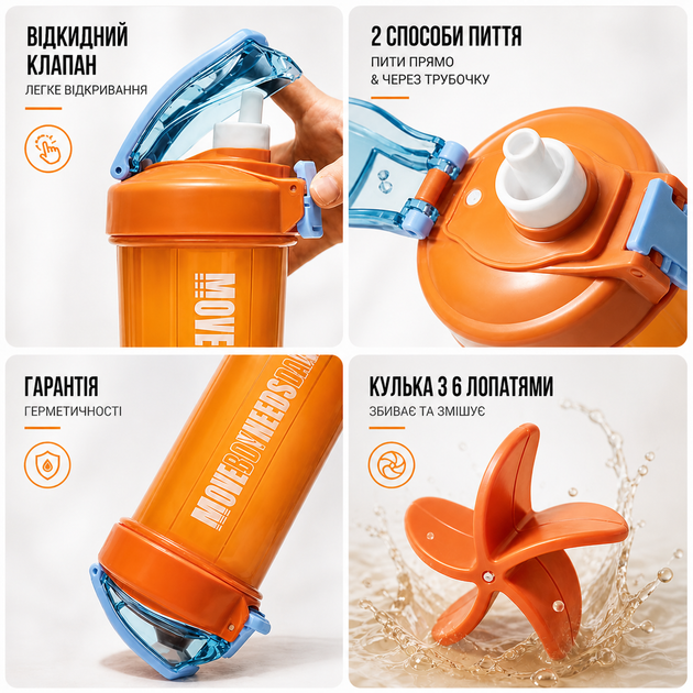 Шейкер спортивный MOVE BODY 550 мл Оранжевый для протеина и коктейлей - Фото 4 Шейкер спортивный MOVE BODY 550 мл Оранжевый для протеина и коктейлей - изображение 4