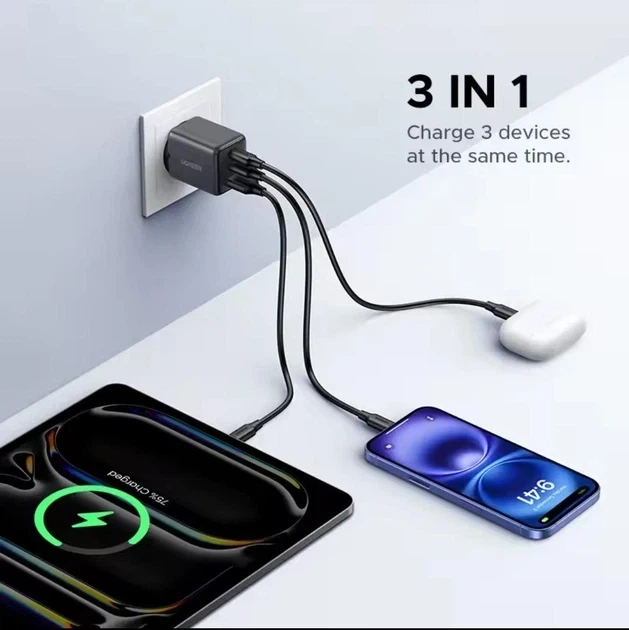 Зарядное устройство UGREEN 30W Fast Charger | 2×USB-C + USB-A | быстрая зарядка PD | для смартфона, планшета, наушников - изображение 4