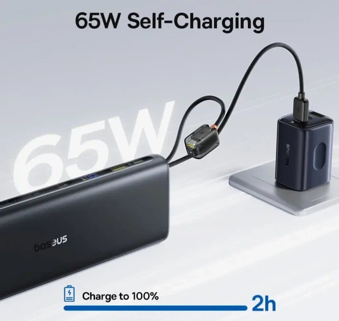 Павербанк Baseus 25000 mAh 145W Power Bank со встроенными USB-C кабелями, быстрая зарядка PD 3.1, внешний аккумулятор для ноутбука - Фото 3 Павербанк Baseus 25000 mAh 145W Power Bank со встроенными USB-C кабелями, быстрая зарядка PD 3.1, внешний аккумулятор для ноутбука - изображение 3