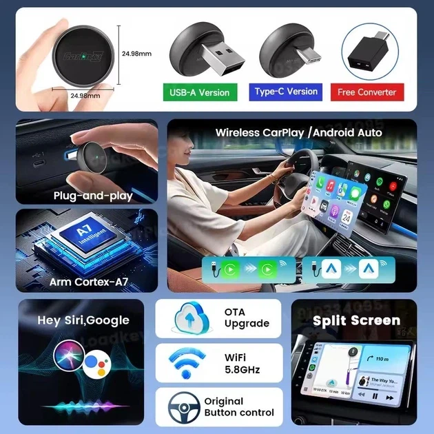 Carlinkit 2 в 1 5.0 Mini Ultra 3 бездротовий адаптер CarPlay Android Auto USB-A/Type-C | швидке підключення - зображення 8