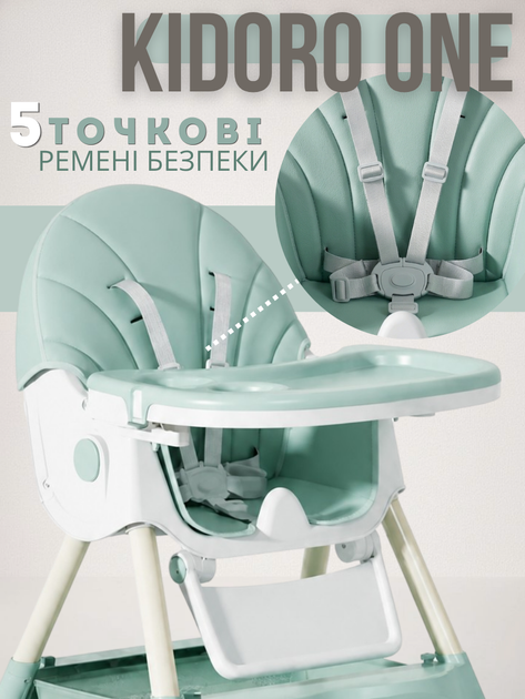 Стільчик для годування Kidoro One ST-6540 Green екошкіра, 5-точкові ремені, регулювання спинки, колеса зі стопорами, до 50 кг - Фото 4 Стільчик для годування Kidoro One ST-6540 Green екошкіра, 5-точкові ремені, регулювання спинки, колеса зі стопорами, до 50 кг - зображення 4