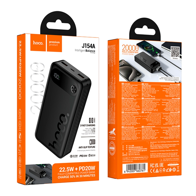 Повербанк Hoco J154A Victorious 20000 mAh 22.5 W PD20W 3 USB Type-C черный ABS пластик - Фото 2 Повербанк Hoco J154A Victorious 20000 mAh 22.5 W PD20W 3 USB Type-C черный ABS пластик - изображение 2