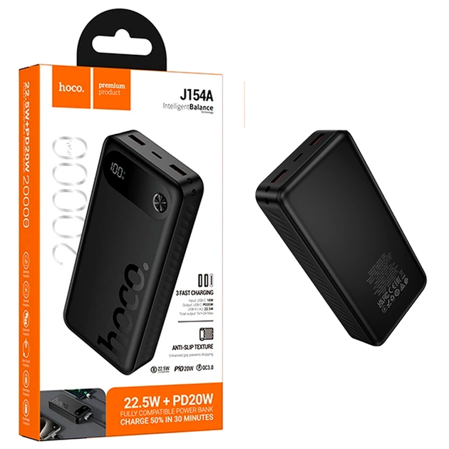 Повербанк Hoco J154A Victorious 20000 mAh 22.5 W PD20W 3 USB Type-C черный ABS пластик - Фото 4 Повербанк Hoco J154A Victorious 20000 mAh 22.5 W PD20W 3 USB Type-C черный ABS пластик - изображение 4