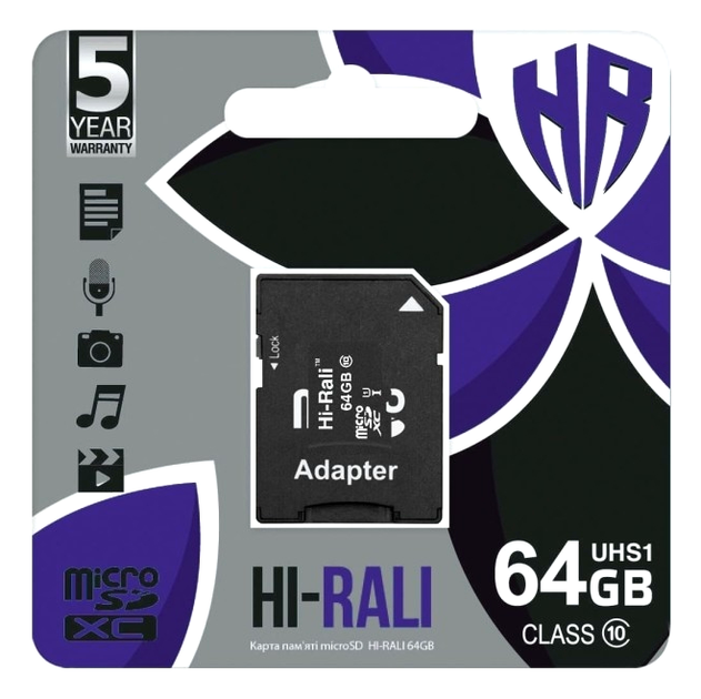 Картка пам'яті Hi-Rali MicroSDXC 64 Гб UHS-I 10 Class з адаптером чорна для запису 4К відео - Фото 2 Картка пам'яті Hi-Rali MicroSDXC 64 Гб UHS-I 10 Class з адаптером чорна для запису 4К відео - зображення 2