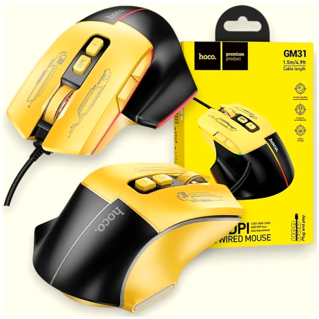 Игровая USB мышь Hoco GM31 Overlord 3600 DPI черный желтый оптический корпус ABS пластик - зображення 7
