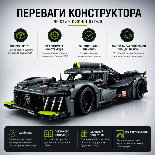 Конструктор спортивный автомобиль Peugeot 1:10 — 1775 деталей в стиле лего, серый Пежо - изображение 7