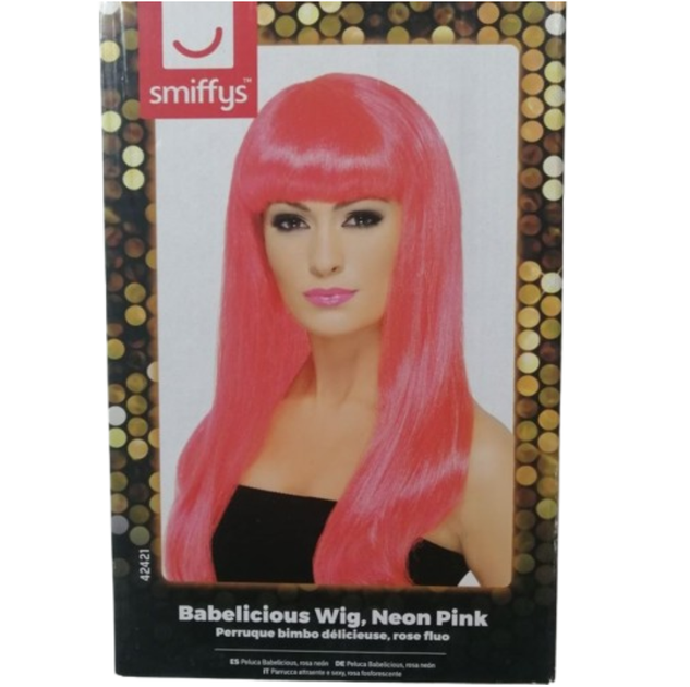 Карнавальна перука Smiffys Babelicious Neon Pink — довге неоново-рожеве волосся з чубчиком - зображення 2