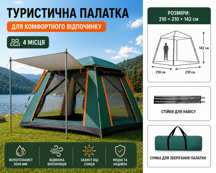 Намет автоматичний 4-місний туристичний з навісом 210×210×142 см саморозкладний кемпінгова палатка для відпочинку зелена - Фото 1 Намет автоматичний 4-місний туристичний з навісом 210×210×142 см саморозкладний кемпінгова палатка для відпочинку зелена - зображення 1