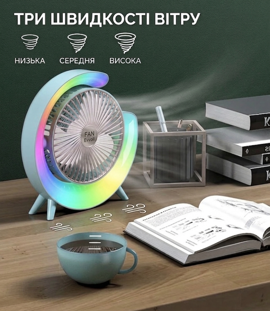 Портативний вентилятор з RGB підсвіткою, акумуляторний настільний вентилятор, 3 швидкості, USB зарядка, тихий міні вентилятор для дому та офісу, блакитний - зображення 4