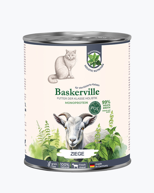 Влажный корм для кошек Baskerville Prebio с козой и крапивой холистик для стерилизованных и малоподвижных кошек 800 г. - Фото 1 Влажный корм для кошек Baskerville Prebio с козой и крапивой холистик для стерилизованных и малоподвижных кошек 800 г. - изображение 1