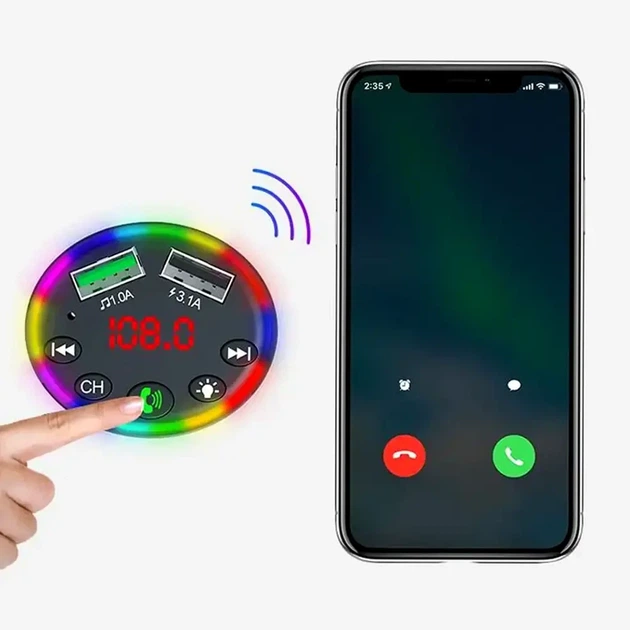 Автомобильный Bluetooth FM-трансмиттер 2 USB 3.1A зарядка для авто CTC-109 LED дисплей RGB подсветка - изображение 6