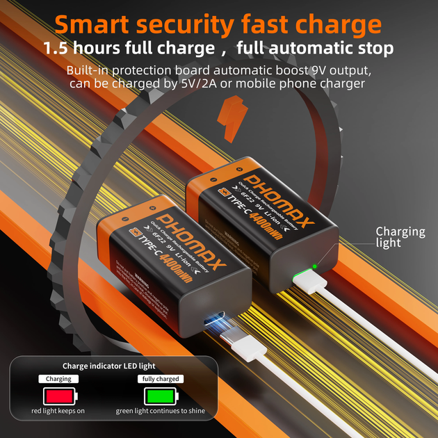 Аккумуляторная батарея Phomax 9В 4400 мВт/ч модель 6F22 USB-C (2 шт.) Черный HDSYR_499 - изображение 7