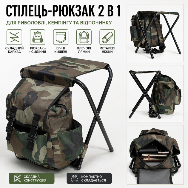 Рыбацкий стул-рюкзак 2 в 1 складной туристический с металлическим каркасом и вместительным отделением для кемпинга, пикника, рыбалки - изображение 2