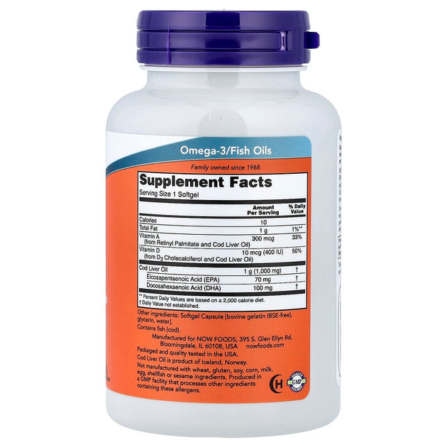 Жир с печени трески NOW Foods "Cod Liver Oil" жирные кислоты омега 3, 1000 мг (90 гелевых капсул) - изображение 2