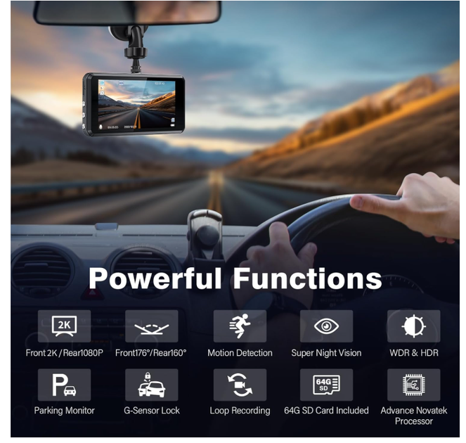 2K Dual Dash Camera Регистратор для автомобиля, передняя и задняя камера, FHD 2K + 1080P, 3.2’’’ IPS, 176° широкий угол, 64GB SD - Фото 4 2K Dual Dash Camera Регистратор для автомобиля, передняя и задняя камера, FHD 2K + 1080P, 3.2’’’ IPS, 176° широкий угол, 64GB SD - изображение 4