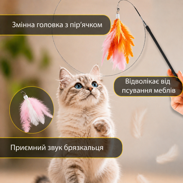Удочка дразнилка для кошек с перьями, игрушка с перьями для кошек 1,8 м. - Фото 2 Удочка дразнилка для кошек с перьями, игрушка с перьями для кошек 1,8 м. - изображение 2