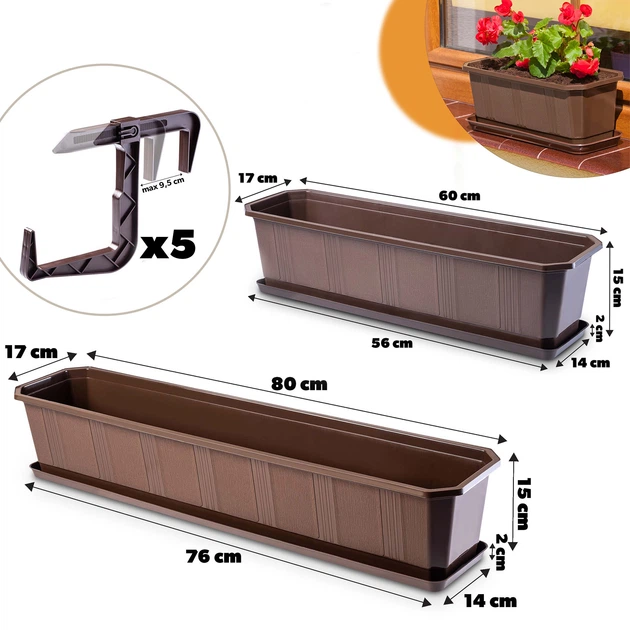 Zestaw skrzynek balkonowych KADAX Oste 80 cm + 60 cm z uchwytami i podstawkami Brązowy (K8217) (5903699475096) - obraz 2