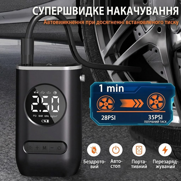 Автомобільний компресор CZK-3688, бездротовий портативний насос на акумуляторі 150 PSI, компресор для підкачування шин із ліхтариком - зображення 5